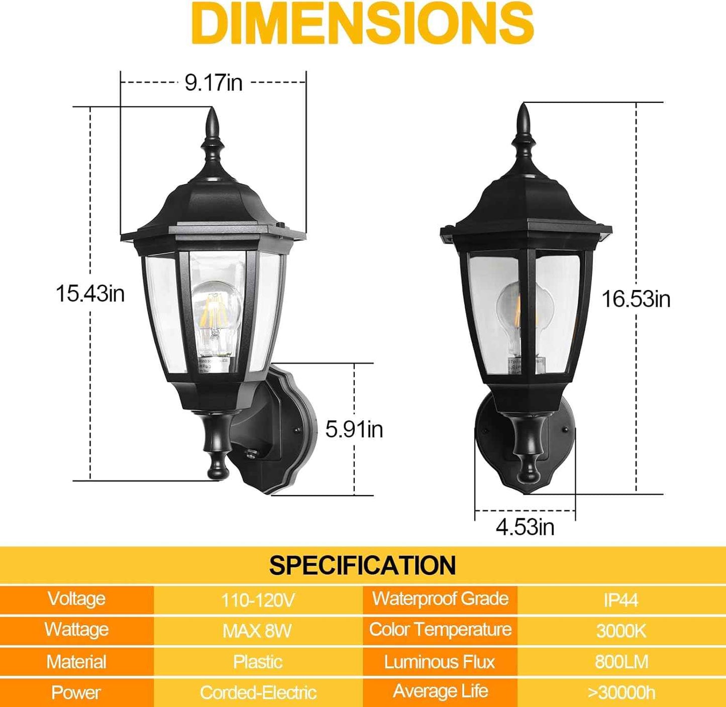 Outdoor Wall Light with Dusk to Dawn Sensor - 2-Pack LED Lanterns for Porch & Garage