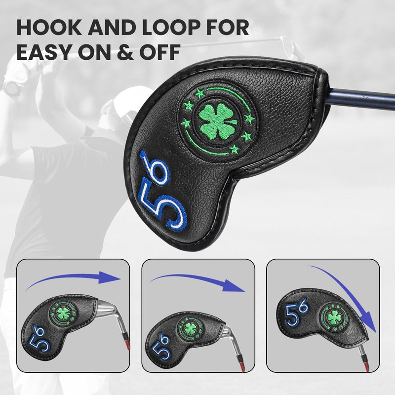 Golf Iron Wedge Head Covers 52° 54° 56° 60° 1 or 4 Pack, Synthetic Leather Clover USA Flag Design Club Head Protection, Universal Headcover Fit Iron Clubs for Men Women (Black Cover-4 Pack)