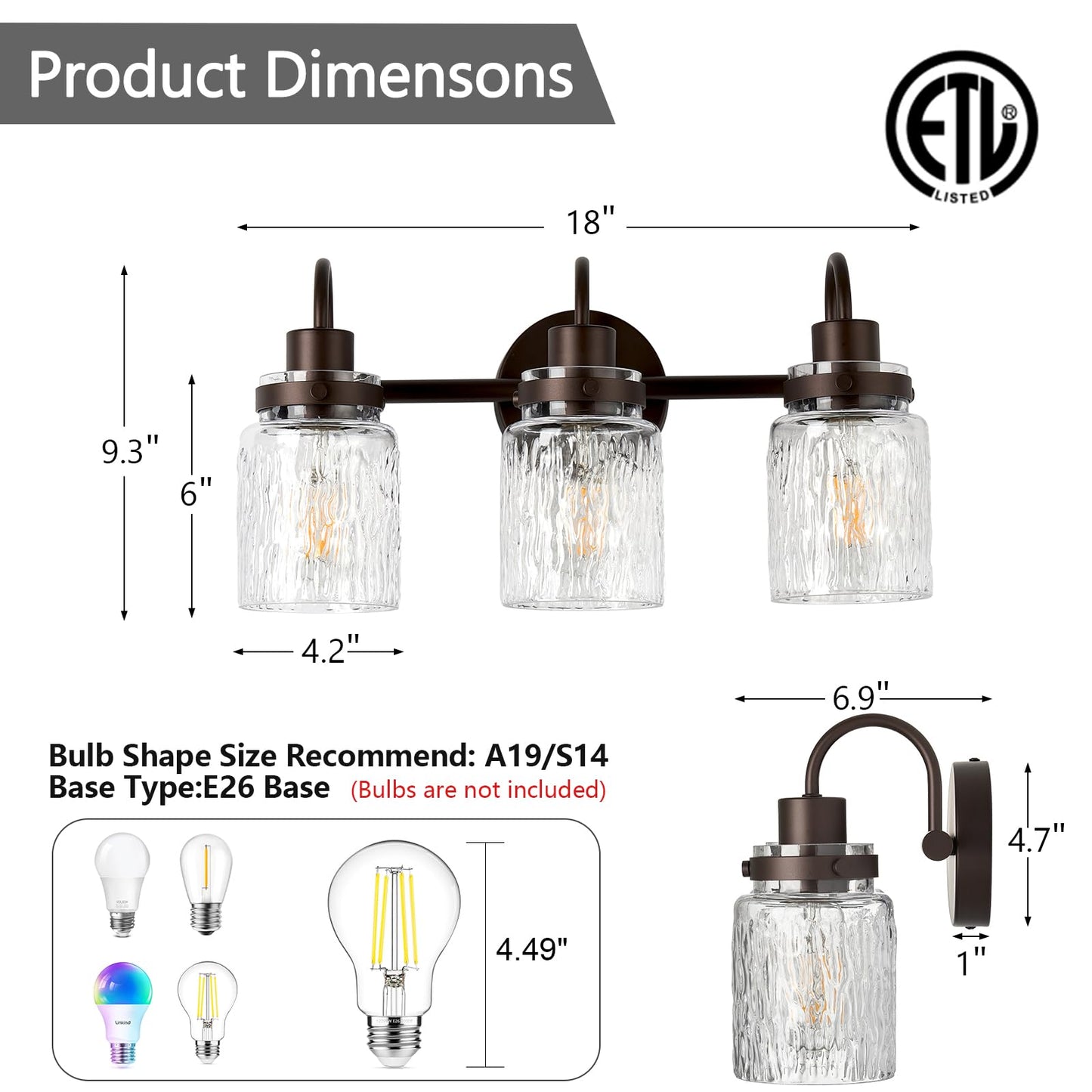 AMRUIPO 3 Lights Bathroom Vanity Light, Oil Rubbed Bronze Bathroom Light Fixtures with Hammered Glass Lampshade for Dressing Table,Over Mirror,Hallway