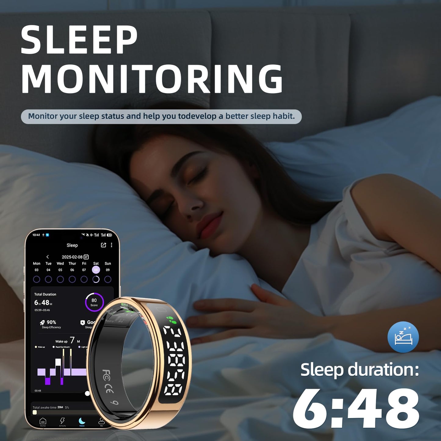 LCD Display Smart Ring - Sleep Tracker Touch Control Ring with Heart Rate/Blood Oxygen/Step Counter, Wireless Charging Dock, 5ATM Waterproof Fitness Tracker, No Subscription Fee for iOS/Android