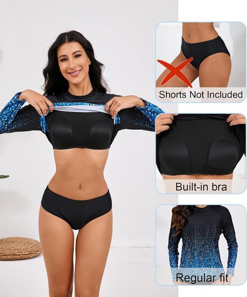 Halcurt Women's Long Sleeve Rash Guard Swim Shirt - Built-In Bra & UPF 50+ Sun Protection