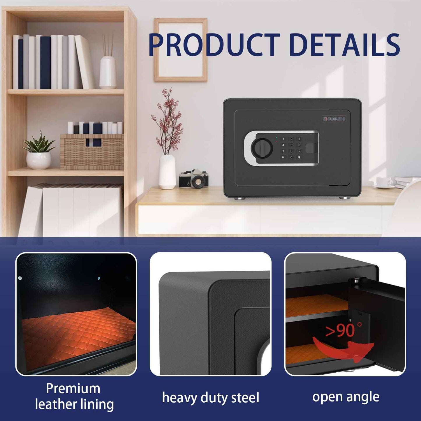 OUSURO 0.8 Cub Safe - Small Home Security Safe for Money, Jewelry, Documents, Solid Steel Lock Box with Digital Electronic Security Keypad (Black)