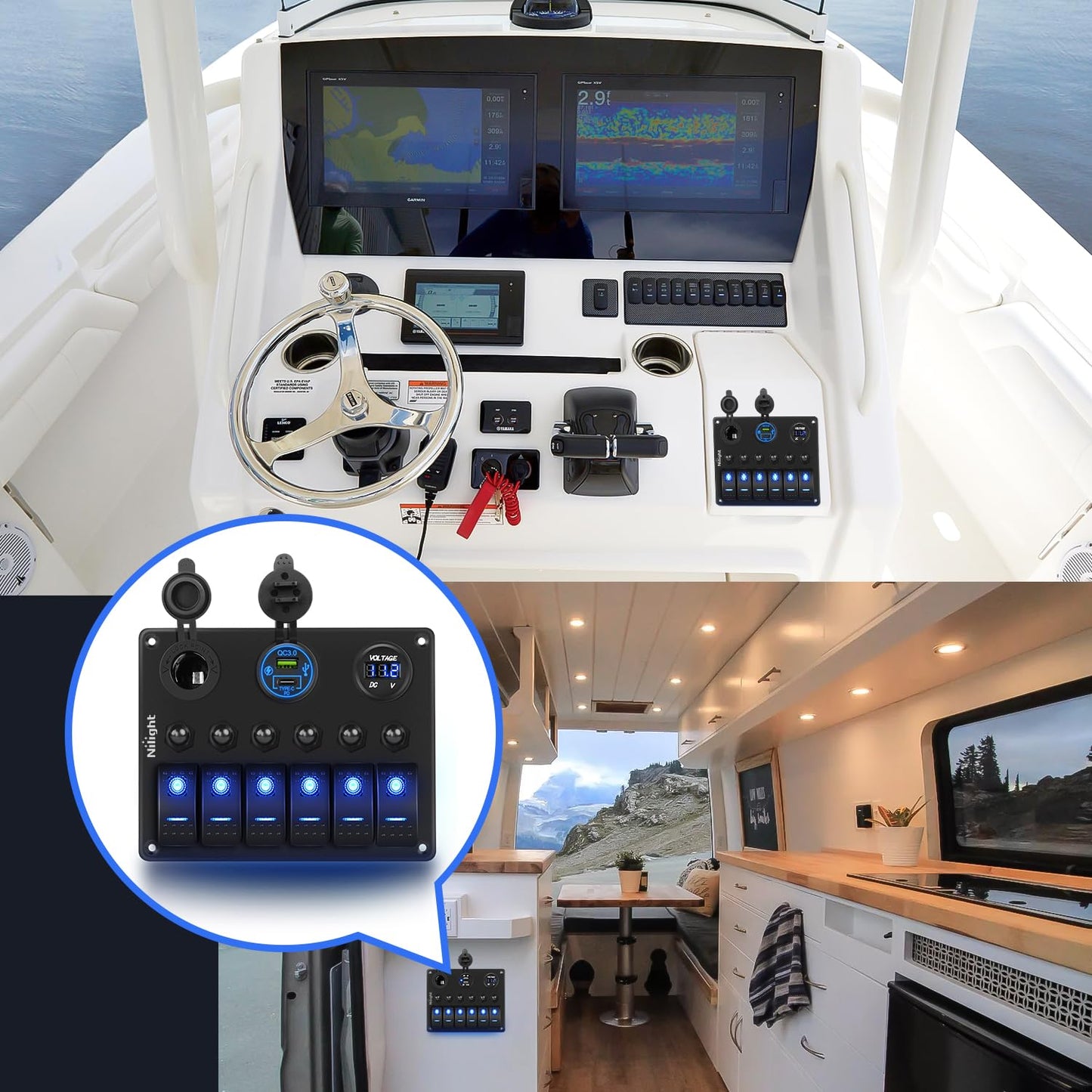 Nilight 6 Gang Rocker Switch Panel - Waterproof Pre-Wired Aluminum with USB & Voltmeter for 12V/24V Vehicles