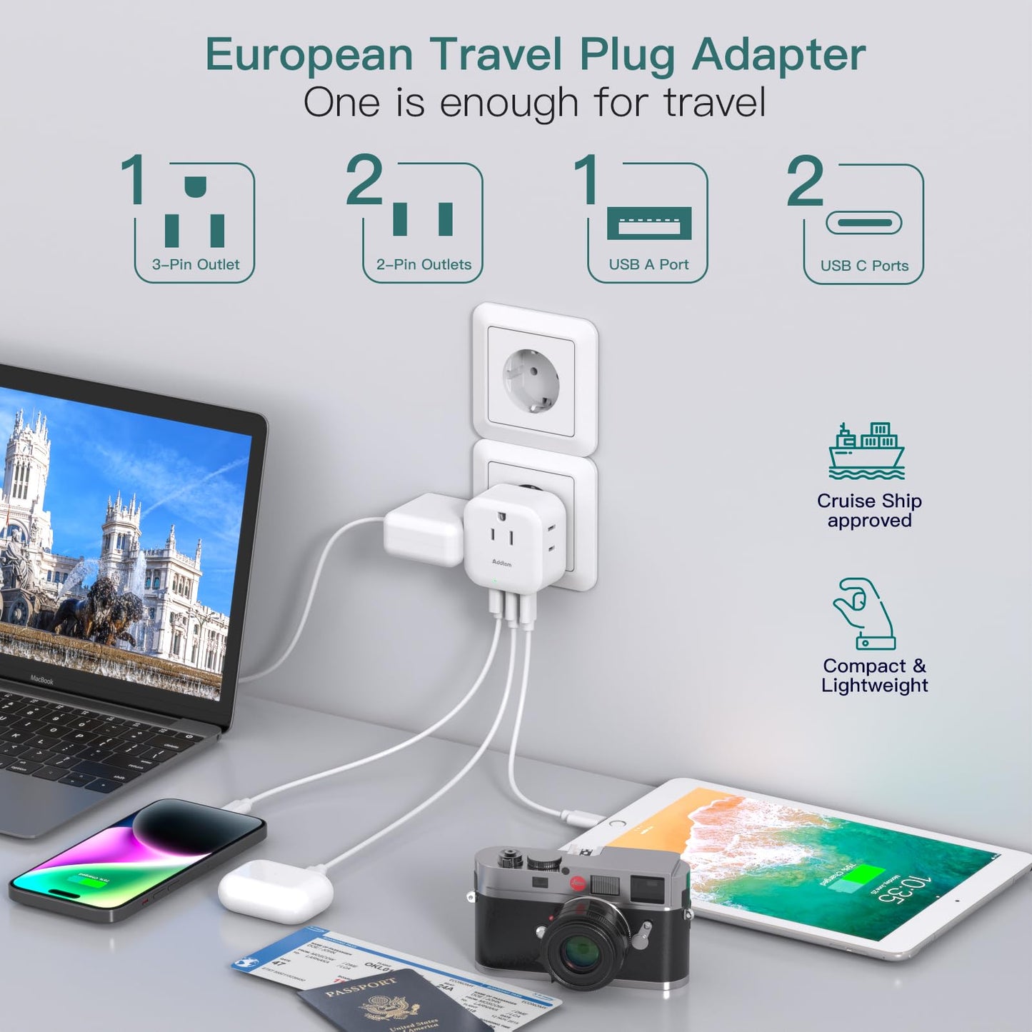2 Pack European Travel Plug Adapter, US to Europe Plug Adapter with 3 Outlets 3 USB Charging Ports(2 USB C), Type C Adapter Travel Essentials to Most Europe EU Spain Italy France Germany Iceland