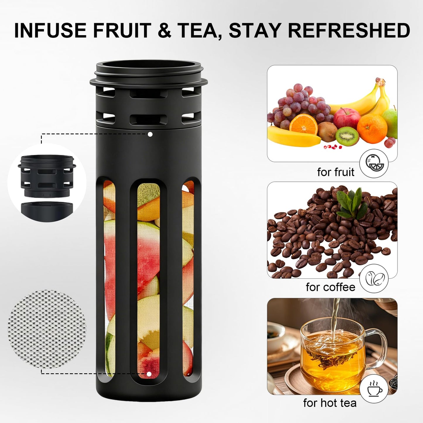 HYDRO H2O 64oz Half Gallon Fruit Infuser Insulated Stainless Steel Water Bottle Jug, 48H Cold & 24H Hot, Large Capacity for Travel Hiking Mountain Climbing Black