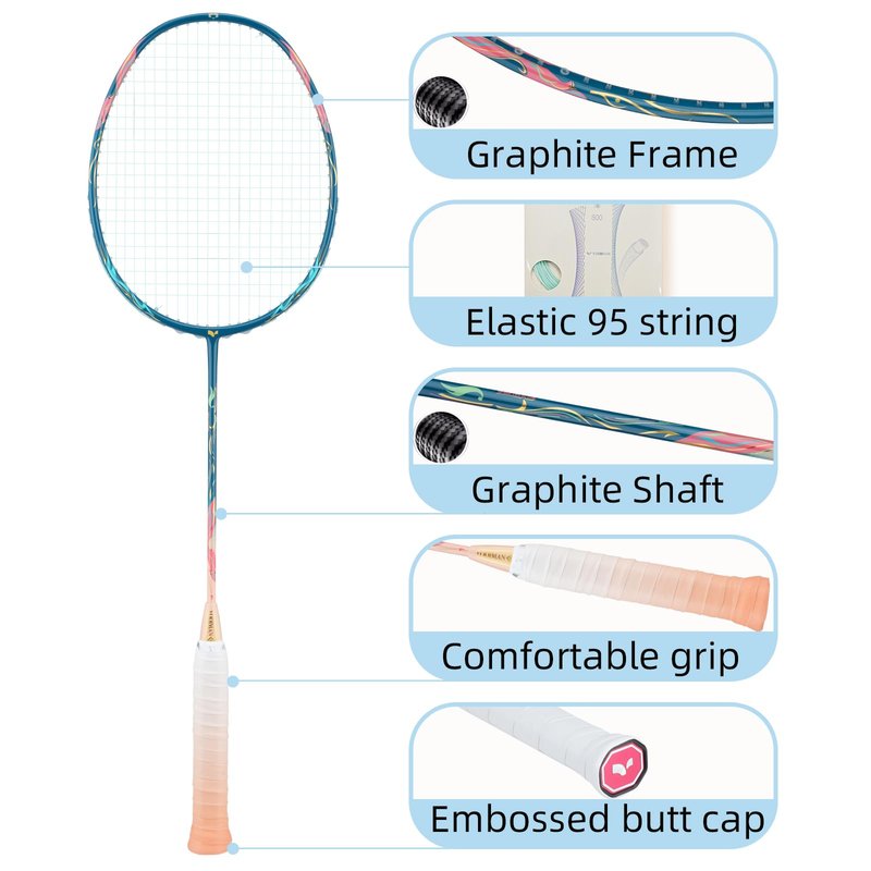 YODIMAN Single Professional Badminton Racket for Advanced Players - 50T Graphite Carbon Fiber with Aerodynamic Frame, Pre-Strung 26lbs, Ultra-Light 5U for Club & Tournament