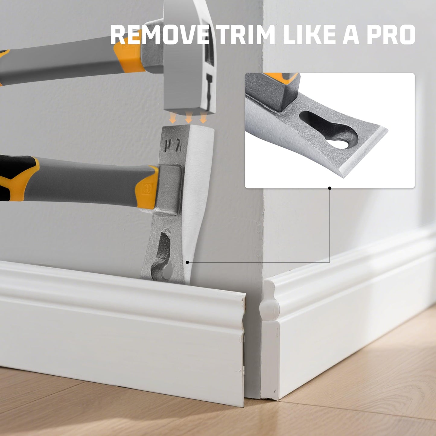 3-in-1 Pry Bar Hammer with Nail Puller - Unique Hammer Head 12.5" 18oz Pry Bar - Multi-Functional Tool with Cats Paw, Crowbar | Rubber Grip, Polished Beveled Claws - Forged Steel Design for Strength