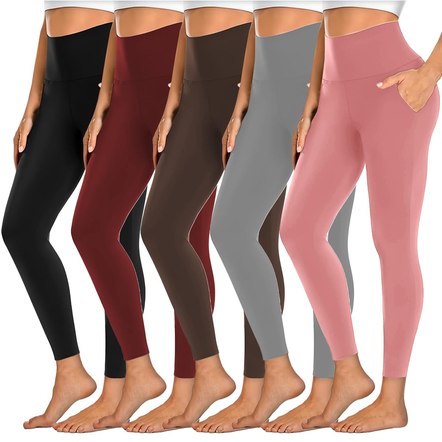 Dimore 5 Pack Women's Leggings with Pockets, High Waisted Workout & Yoga Pants for Tummy Control, Non See-Through for Gym & Casual Wear(L,5Packs -Black/Dark Gray/Burgundy/Brown/Lilac Pink)