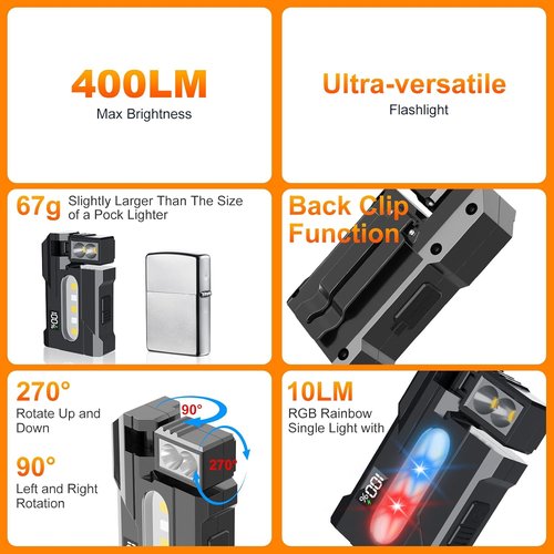 G5 EDC Flashlight - 400 Lumens Super Bright Rechargeable Mini Light with 180° Rotatable Magnet | IP68 Waterproof, Portable for Outdoor Emergencies (Black)