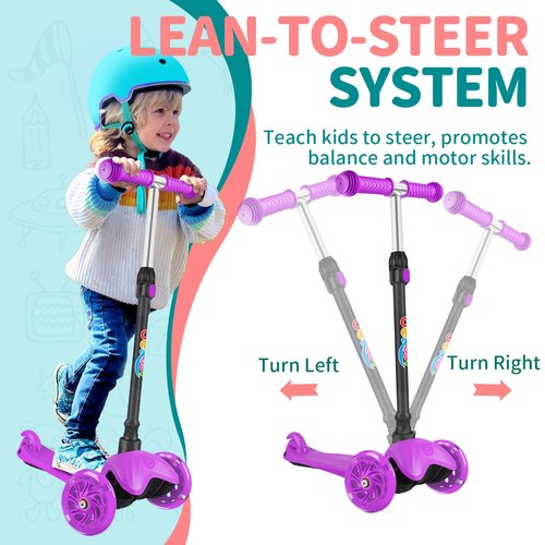BELEEV A1 Scooter for Kids Ages 2-6, 3 Wheel Scooter with Light-Up Wheels, Non-Slip Deck, Adjustable Handlebar Height, Lean to Steer, Wide Platform, Purple