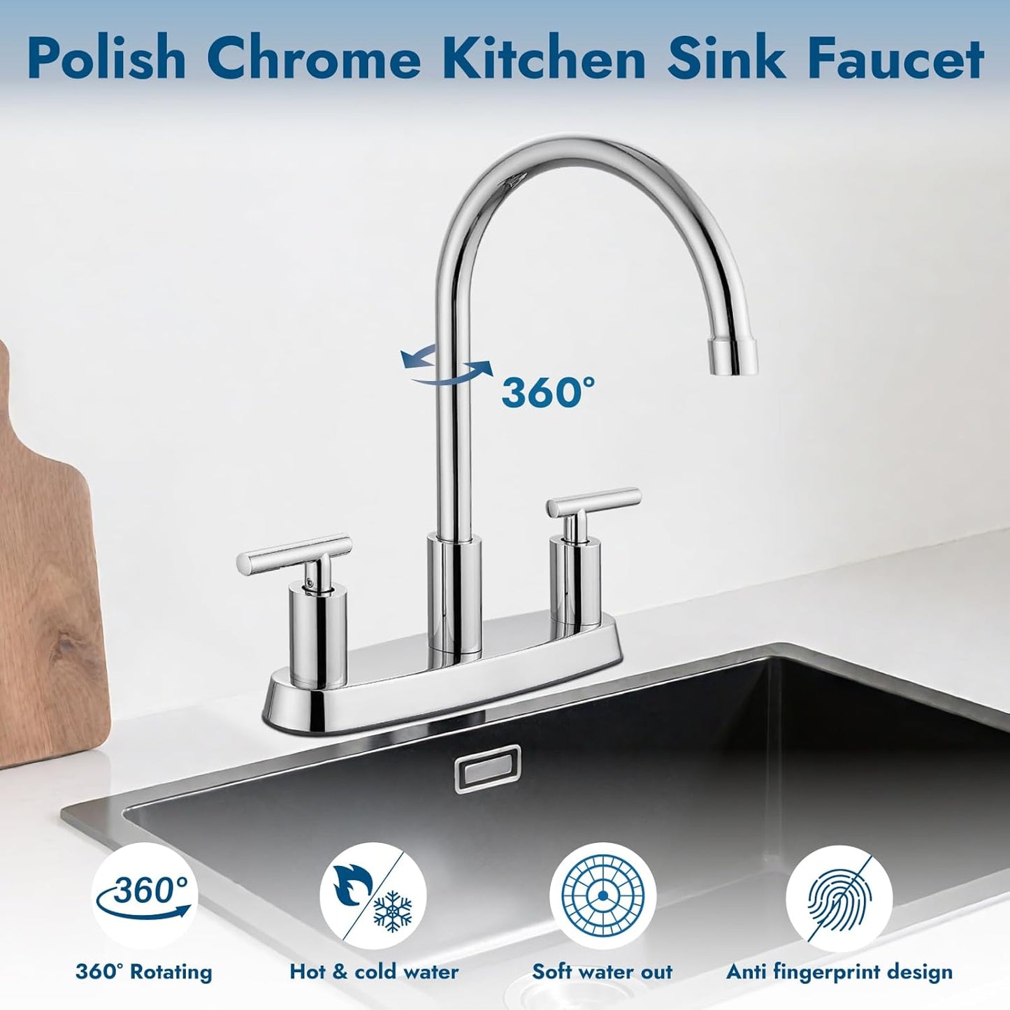 Brushed Nickel Kitchen Faucet with 360° Rotating Spout & Side Sprayer - 2 Handle, 8 Inch Centerset