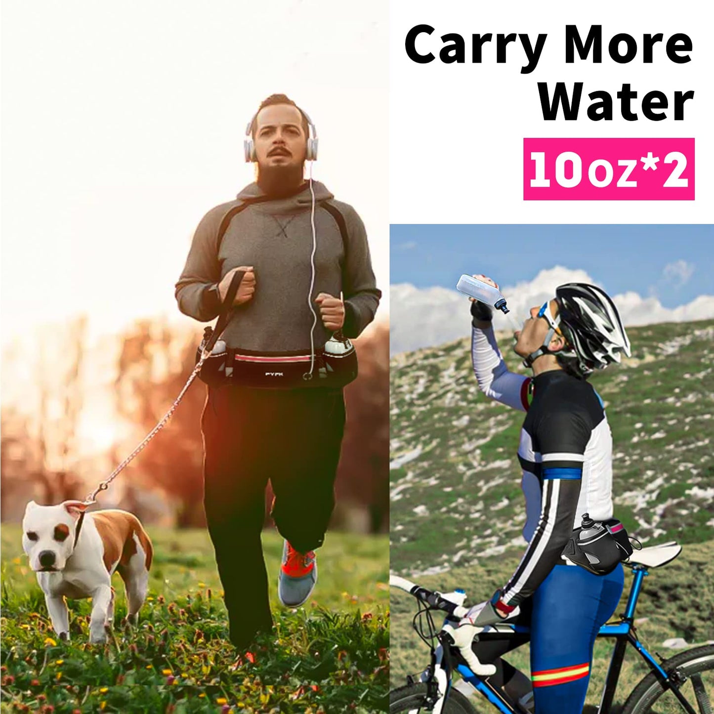 PYFK Running Belt with Water Bottles, Hydration Belt for Men and Women, Water Bottle Holder Running Pouch Water Belt, Fanny Pack Fits 7 inches Phones, Waist pack for Runner Jogging (rose red)