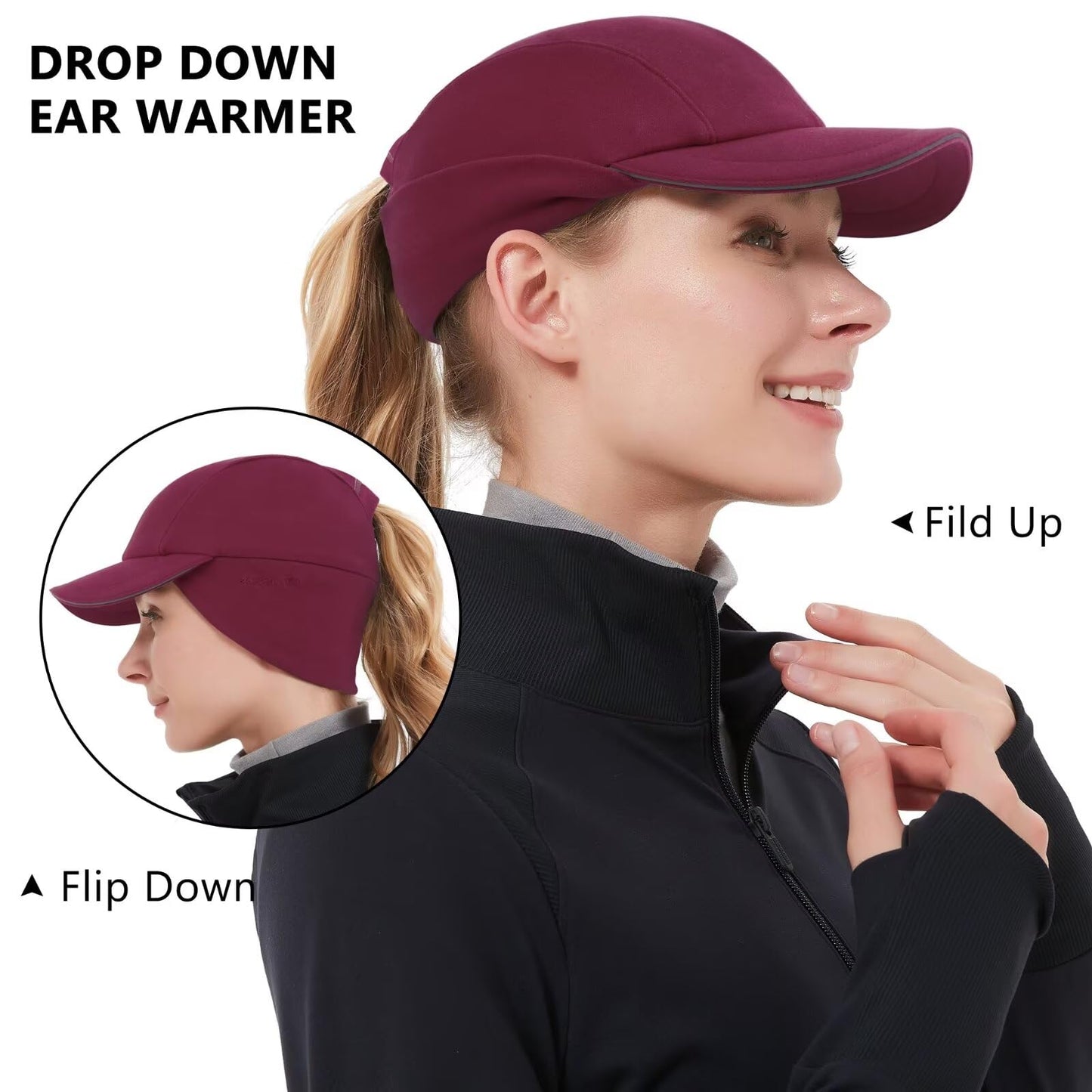 GADIEMKENSD Winter Fleece Hats Reflective Ponytail Hat for Women Baseball Caps with Earflap Drop Down Ear Warmer Mens Skull Cap Beanie with Visor Cold Hat for Outdoor Hiking Running Snow Ski Wine Red