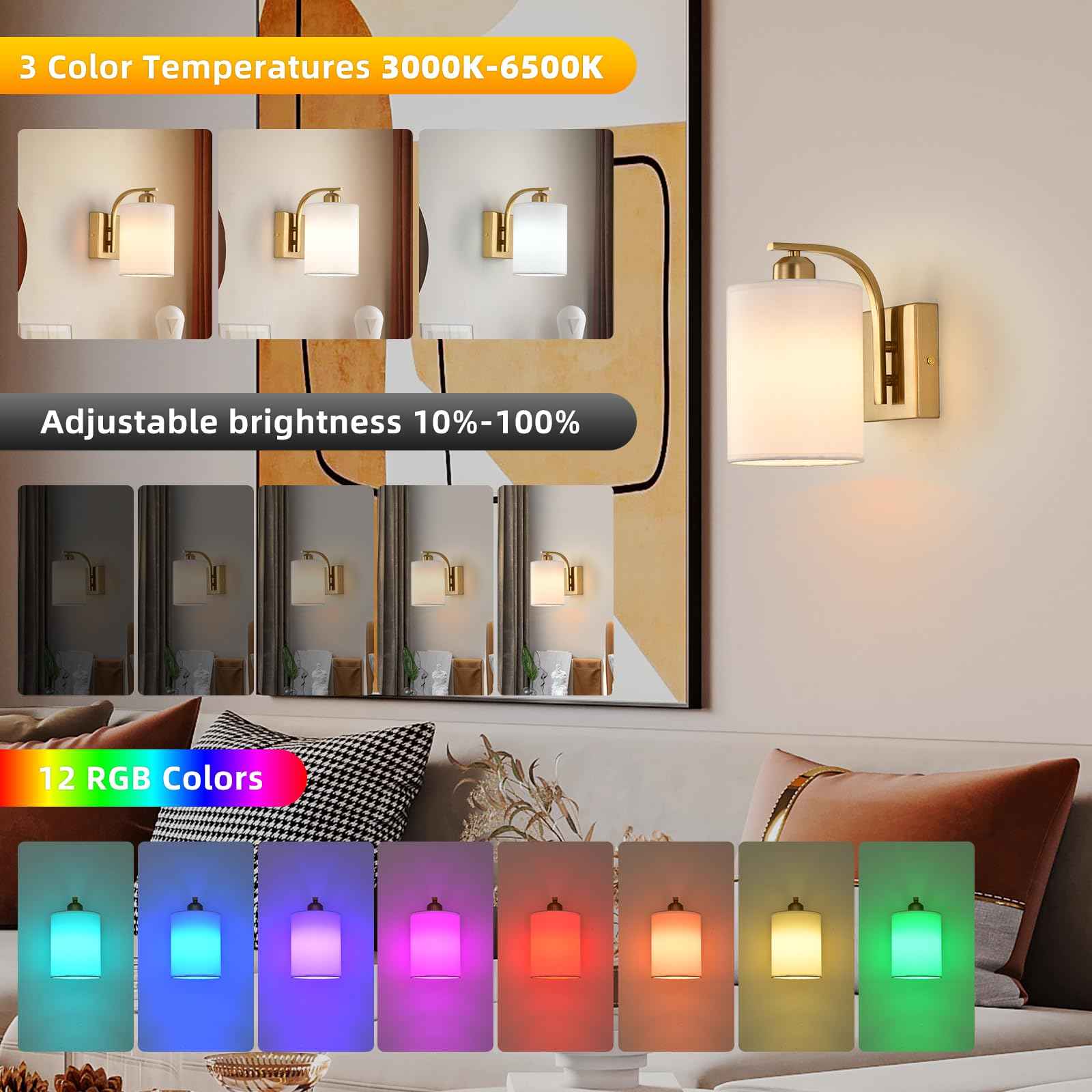 Battery Operated Wall Sconce Set of 2,Gold Rechargeable Wall Lights with Remote Control,15 Colours Wireless Wall Sconce with 3000mAh Dimmable Detachable Bulb for Bedroom, Living Room and Hallway
