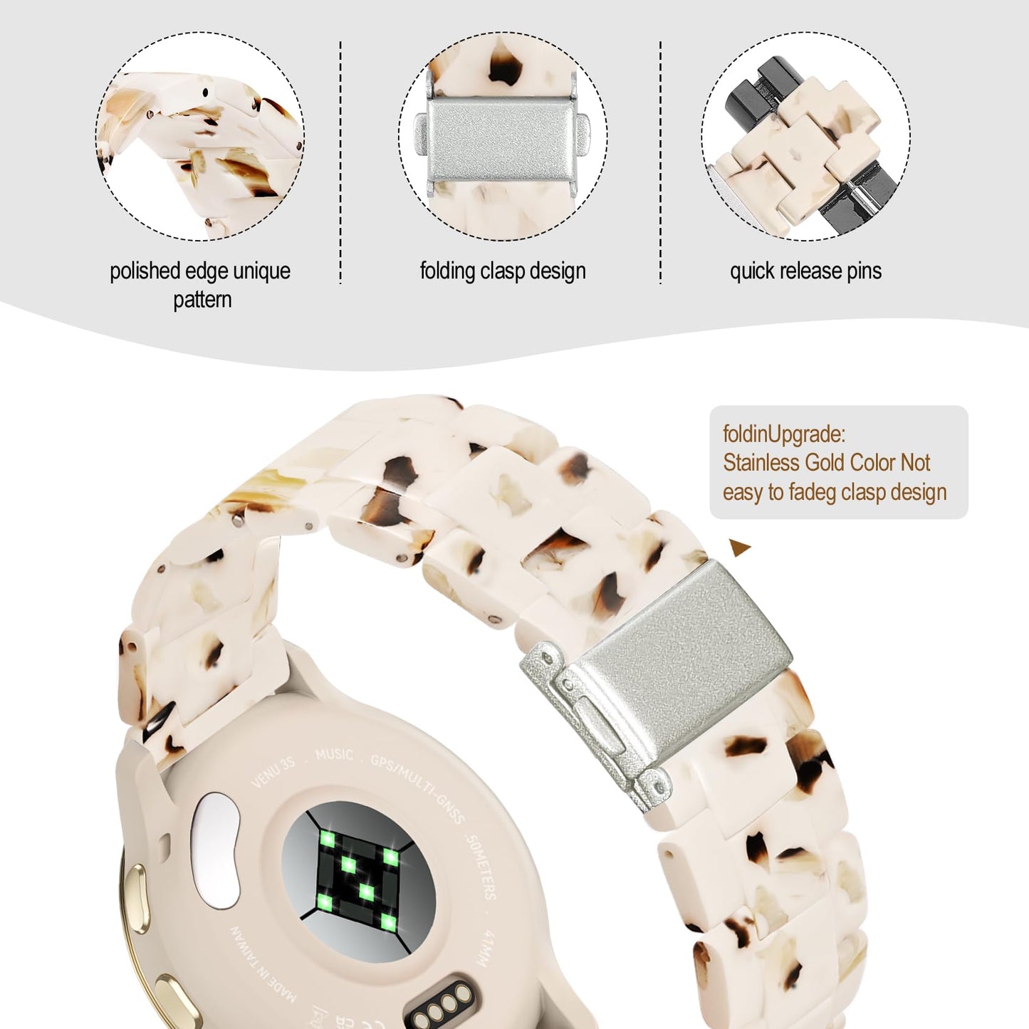 Compatible with Garmin Venu 3s Watch Band Resin, 18mm Strap Compatible for Garmin Venu 4s 41mm/Venu 2s/Forerunner 265s/255s/Vivoactive 4s Wristband Bracelet Replacement with Stainless Steel Buckle