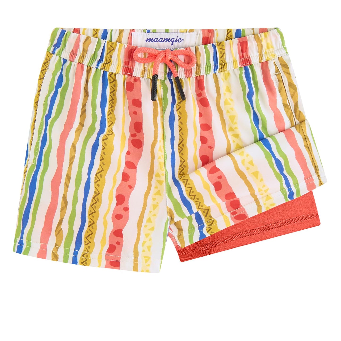 maamgic Boys Swim Trunks with Compression Liner Toddler Stretch Swim Shorts Quick Dry Swimming Trunks Boxer Brief 2 in 1 Beach Shorts Playful Stripes 10/12