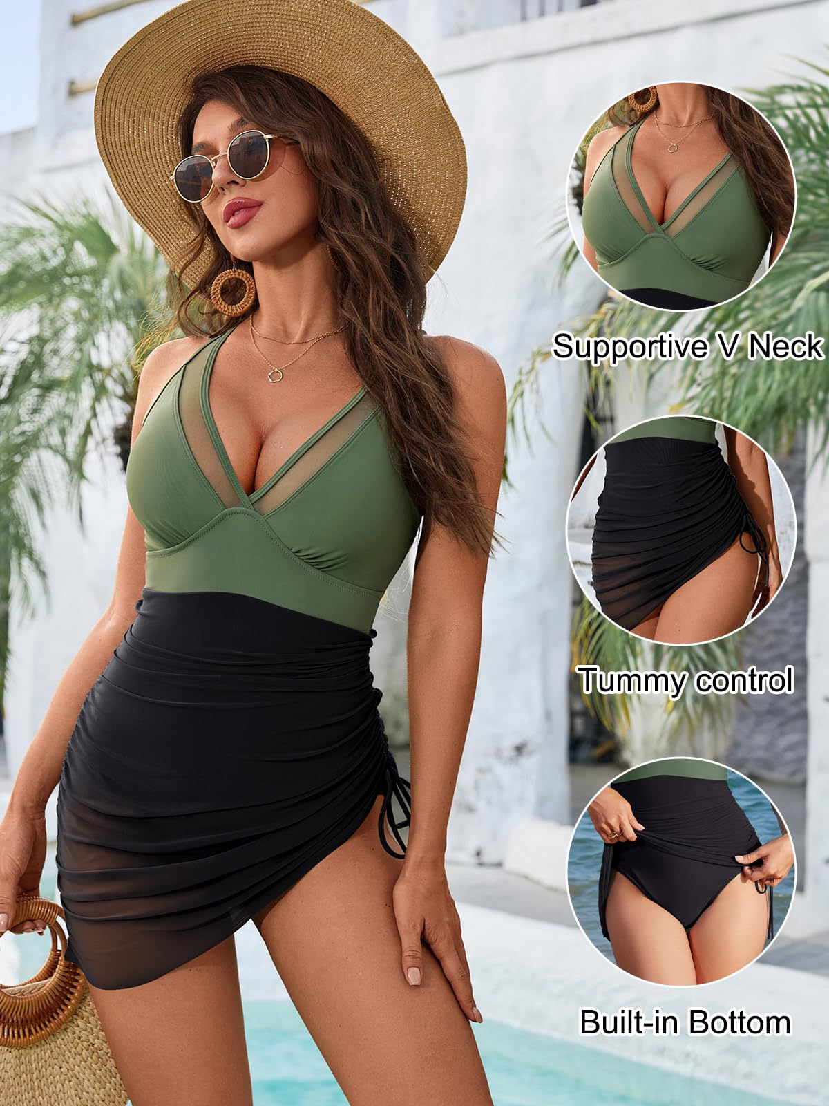 Blooming Jelly Women Mesh One Piece Swim Dress Tummy Control Swimsuit