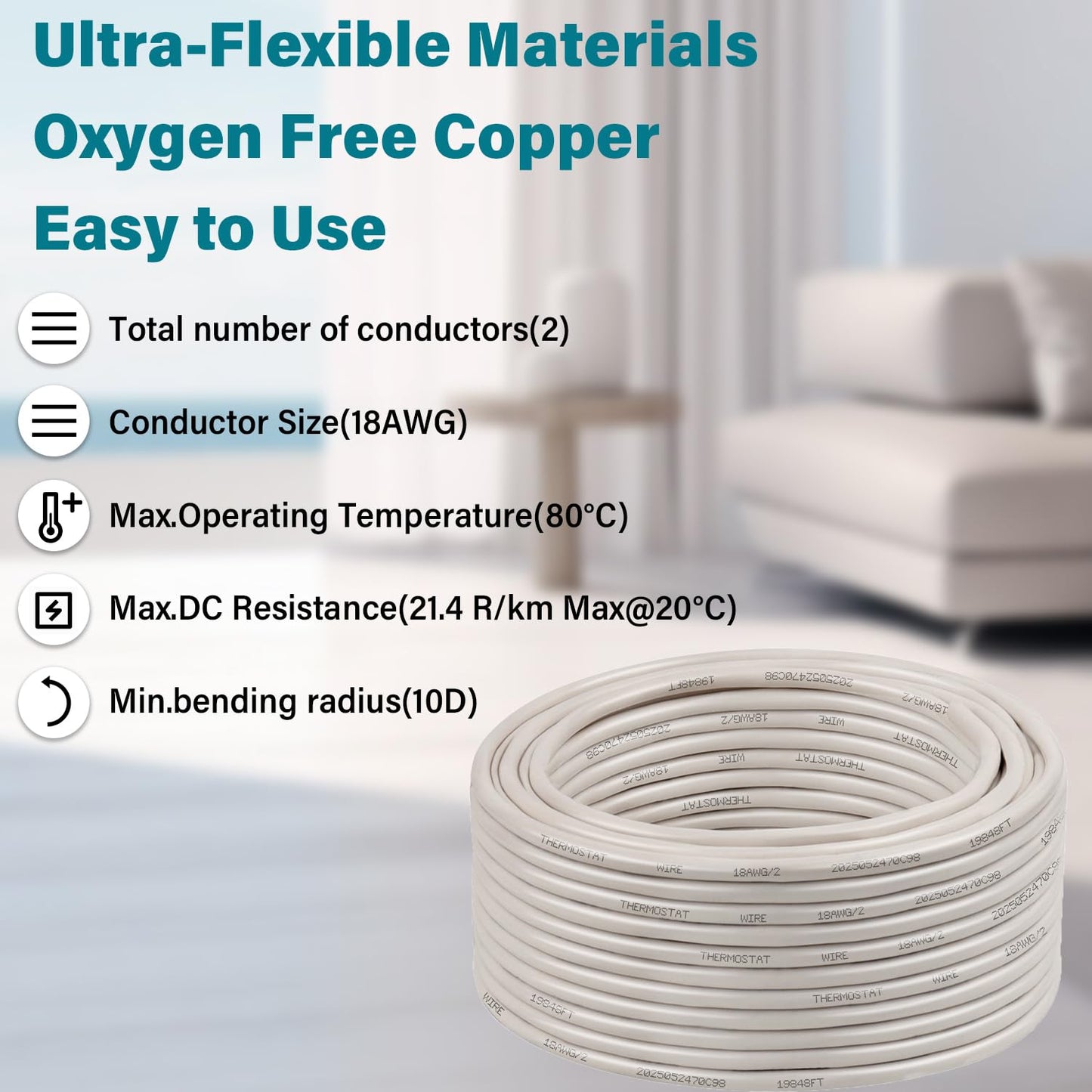 XRDS -RF 18AWG 2 Conductor Thermostat Wire 20FT, Solid Copper, 18 Gauge 2 Wire for Thermostat, HVAC, Heating and Cooling, White Jacket (20FT / 25FT / 30FT / 50FT / 75FT / 100FT)