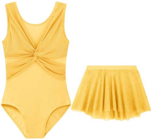 DAXIANG Ballet Leotards with Shiny Dance Skirt Sleeveless Gymnastics Leotard for Girls Toddler Dance Dress Outfit Yellow Size 9-10 Years