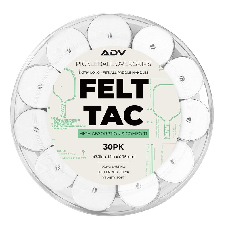 ADV Felttac Pickleball Grip Tape - Soft, Very Durable, Sweat Absorbing Pickleball Overgrip Tape - Dry & Comfortable Pickleball Paddle Grip Tape - Easy to Use & Easy to Install (30-Pack White)