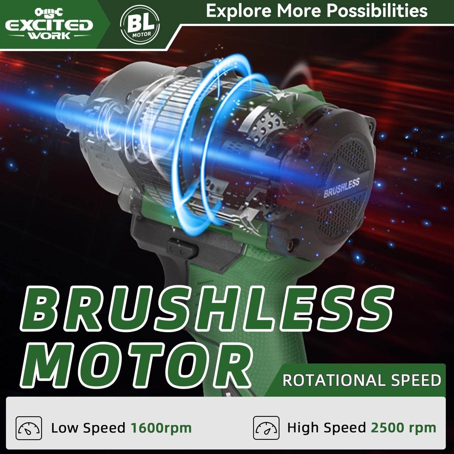 Excited Work 20V Brushless Impact Wrench Kit, 600Nm 1/2 Inch Impact Wrench with 2 x 4.5Ah Battery, 2500RPM High Torque Impact Gun, Fast Charger and Tool Box