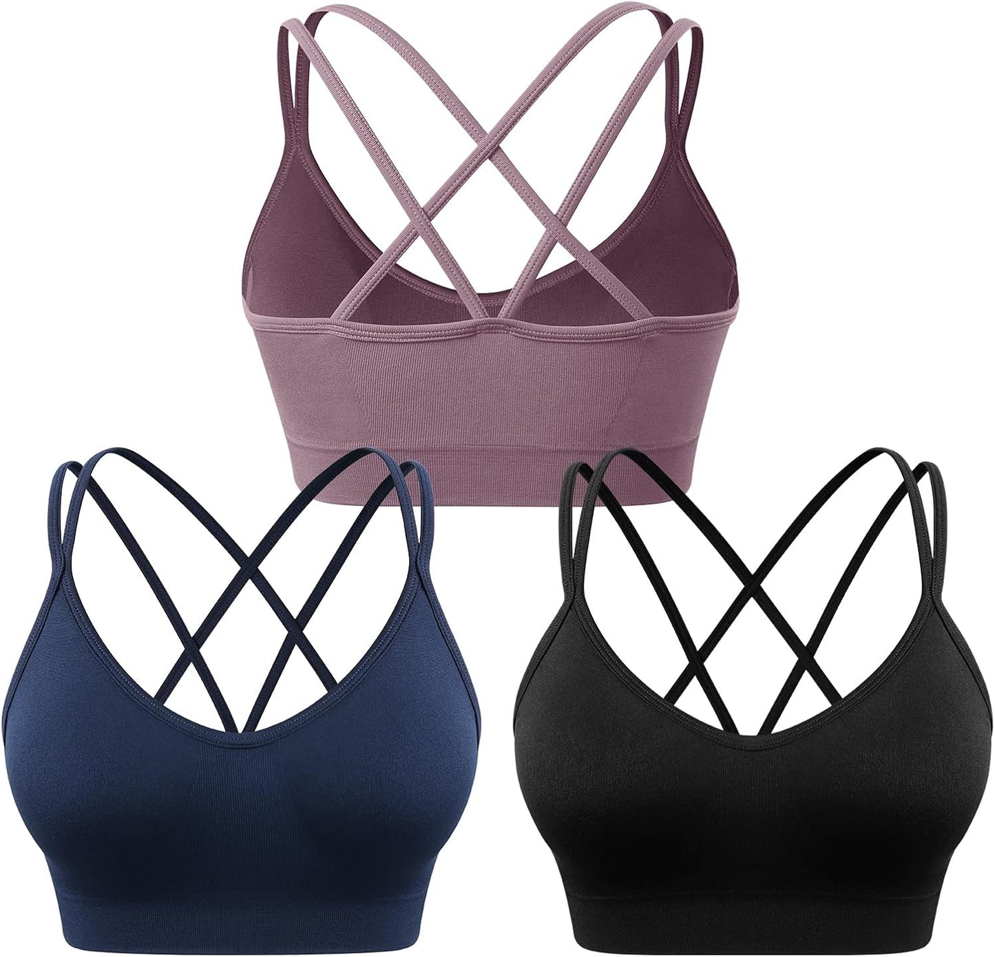 WANAYOU Sports Bras - Strappy Cross Back Medium Support Workout Bra | Padded Athletic Bra 3 Pack