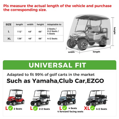 10L0L Golf Cart Cover 2/4/4+2 Passenger for Yamaha EZGO Club Car, Heavy Duty 420D Waterproof Windproof Durable Oxford Golf Cart Cover with 3 Zipper Doors for All-Weather Protection - Black