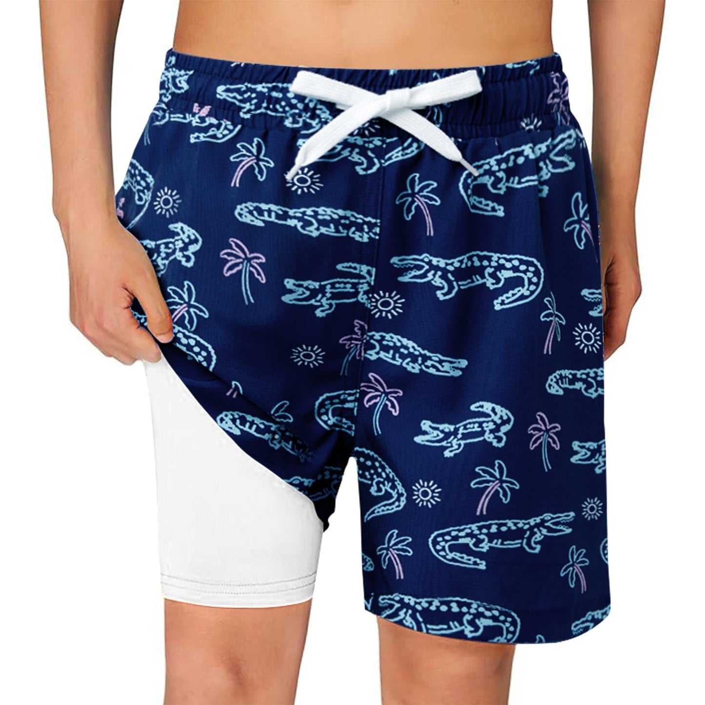 Haloumoning Boys Swim Trunks with Compression Liner Kids Drawstring Bathing Suit Quick Dry Swim Shorts 5-14 Years Navy Blue