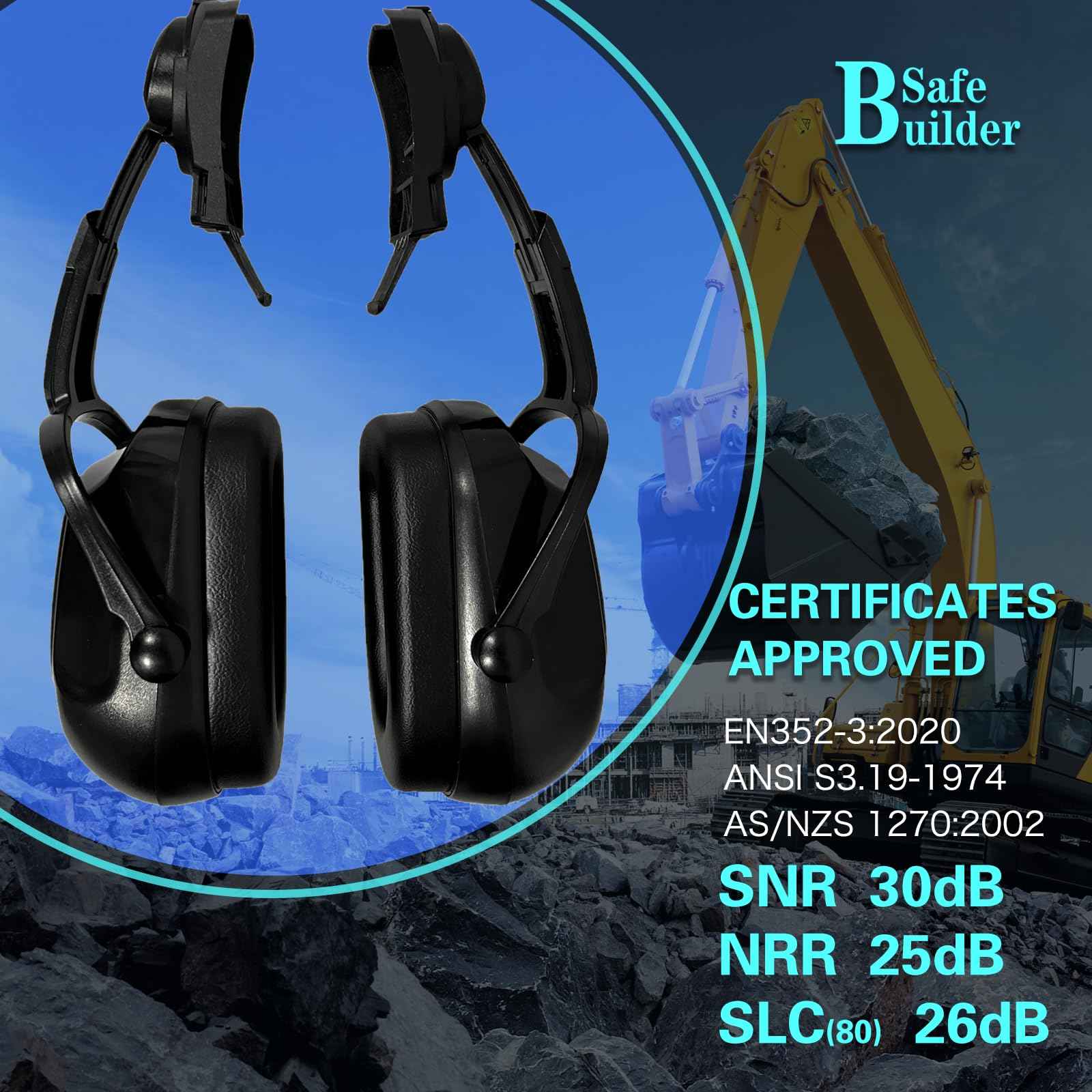 SAFEBUILDER 30dB Ear Muffs Hard Hats Type Safety Earmuffs For Safety Helmet Noise Cancelling Earmuffs Noise Reduction (Helmet Type Black 07E Ear Muffs)