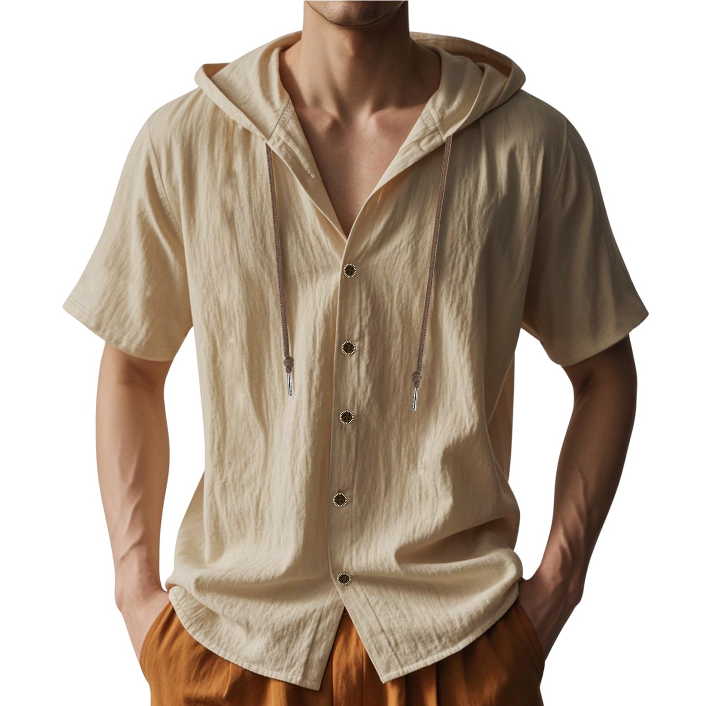 Men Linen Button Down Shirt Short Sleeve Summer Casual Beach Tees Vacation Tops Lightweight Hoodies 2025 Brown