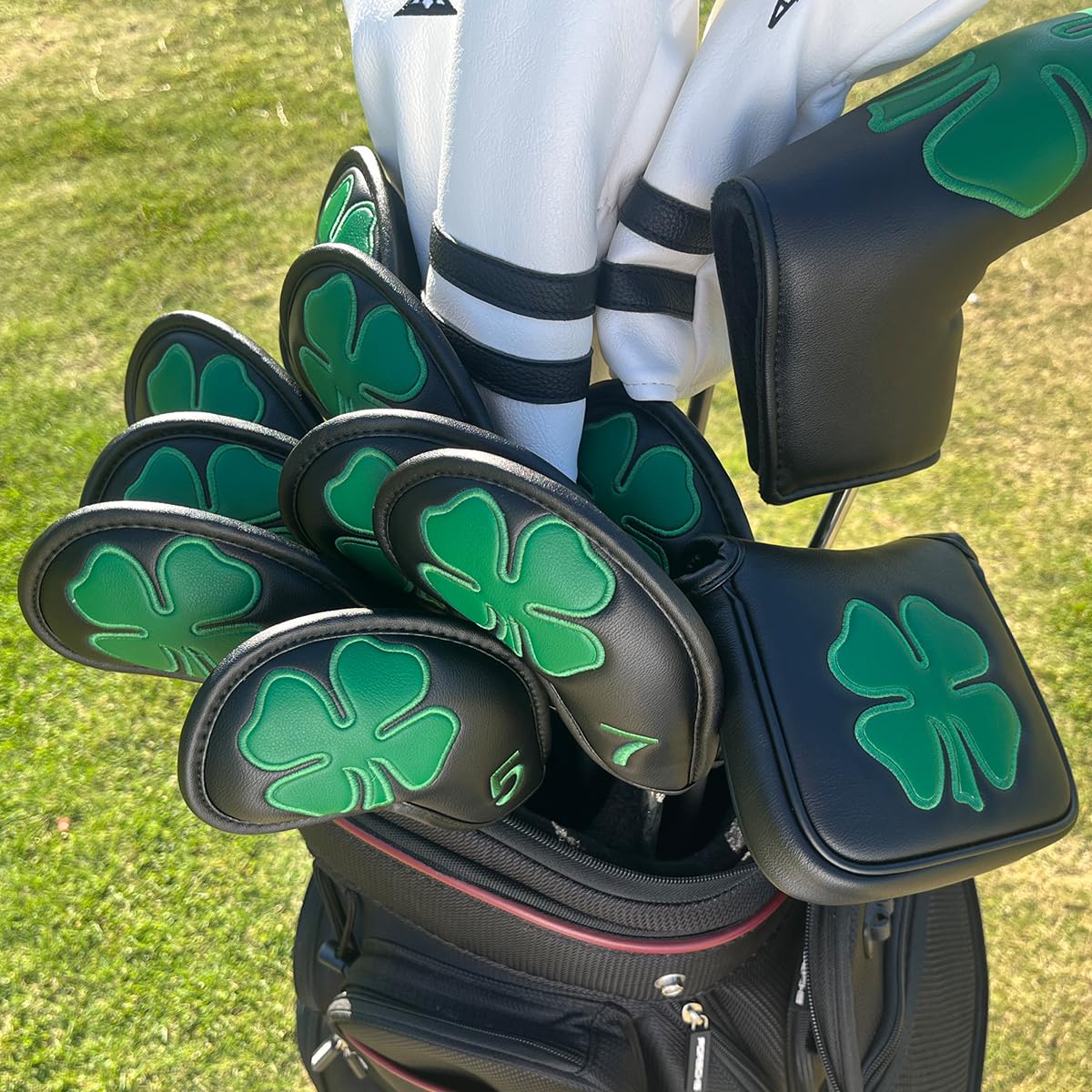 Golf Iron Covers Headcovers Club Head Cover, 4 Leaf Clover Synthetic Leather Made for Oversized Standard Small Size Pack of 10 (Black)