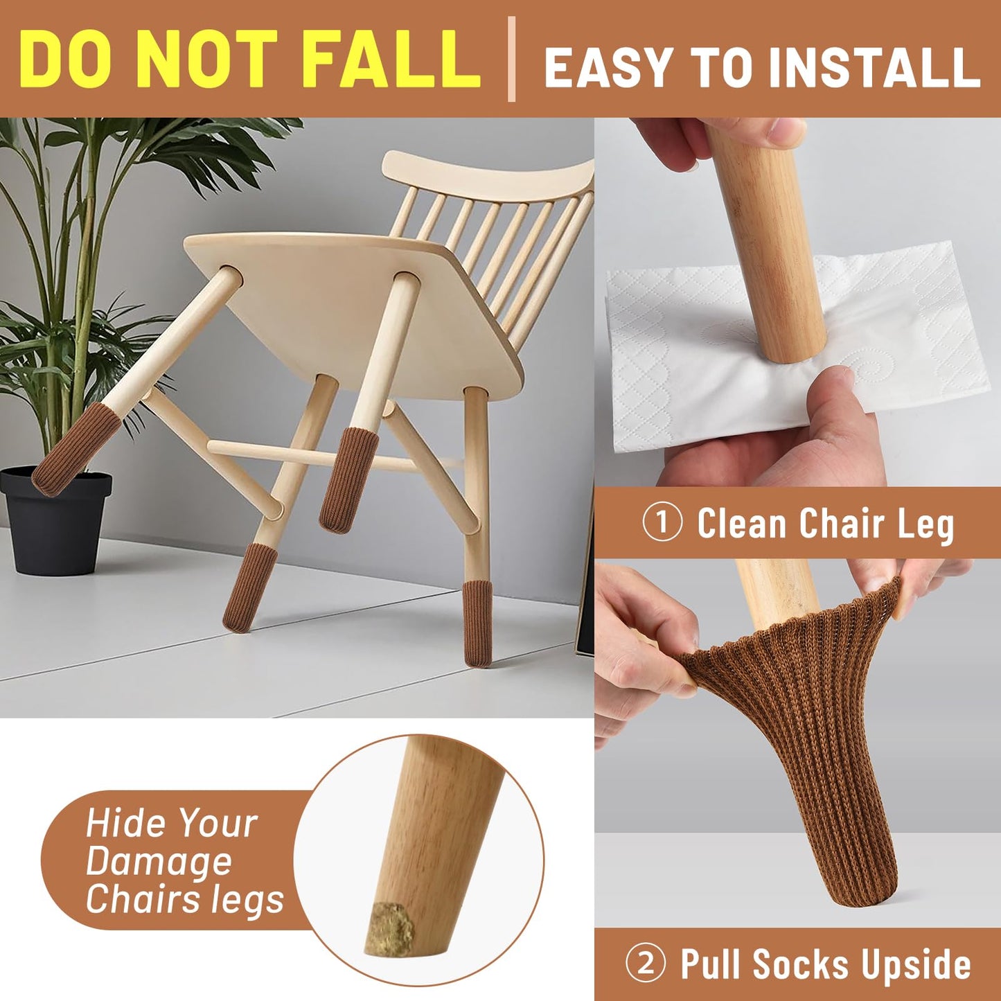 16 PCS Brown Furniture Leg Socks - Knitted Chair Leg Floor Protectors for Hardwood Floors - Fits Round and Square Legs - High Elastic Bar Stool Chair Leg Covers Furniture Caps Set for All Shapes