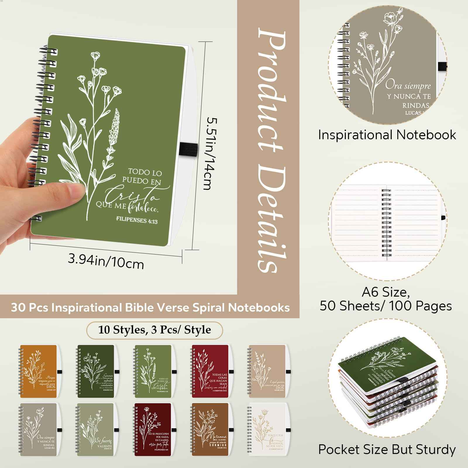 Kosiz 30 Sets Spanish Christian Gifts Christmas Bible Verse Pocket Spiral Notebooks Inspirational Small Journal and Pens for Fall Thanksgiving(Christmas Colors,Boho Flower)