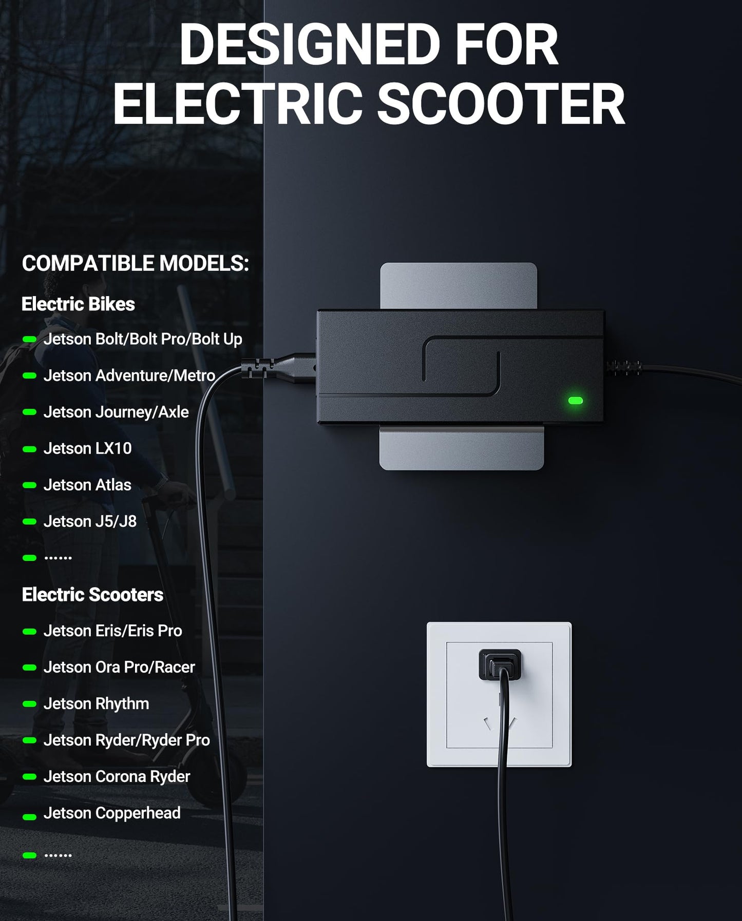 SAYSOLAK 42V 2A Charger for Jetson Electric Bike & Scooter, Compatible with Jetson Bolt Pro, Bolt, LX10, Adventure, Metro, Journey, J5, J8, Axle Ebikes & Eris Pro/Ora Pro/Racer/Rhythm Scooters