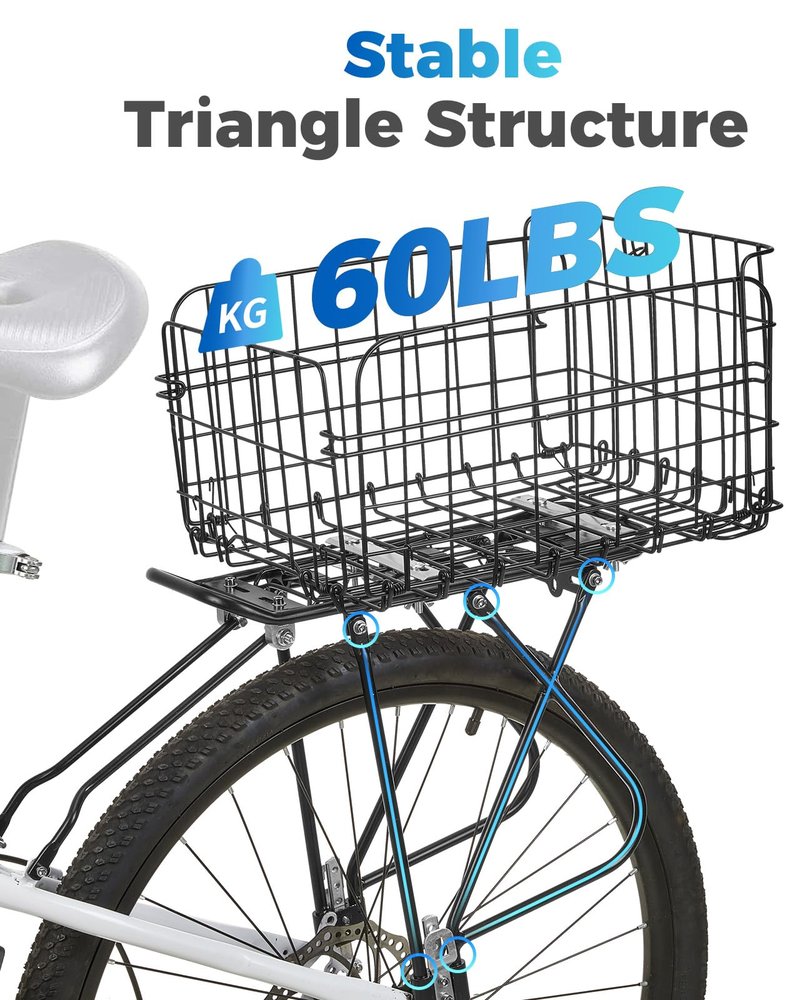 Fitense Rear Bike Rack with Basket- Bicycle Cargo Rack with Waterproof Cover, Liner and Cargo Net, Bike Storage Basket for Double - Rod axle Bikes for 26" - 29" and 700c Bikes