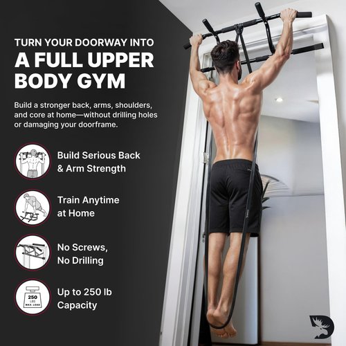 DMoose Fitness Pull Up Bar for Doorway with Pull Up Band - 250 lb Capacity, No Screws, Multi-Grip Chin Up Bar for Home Workouts, Upper Body & Strength Training - Includes Installation Guide