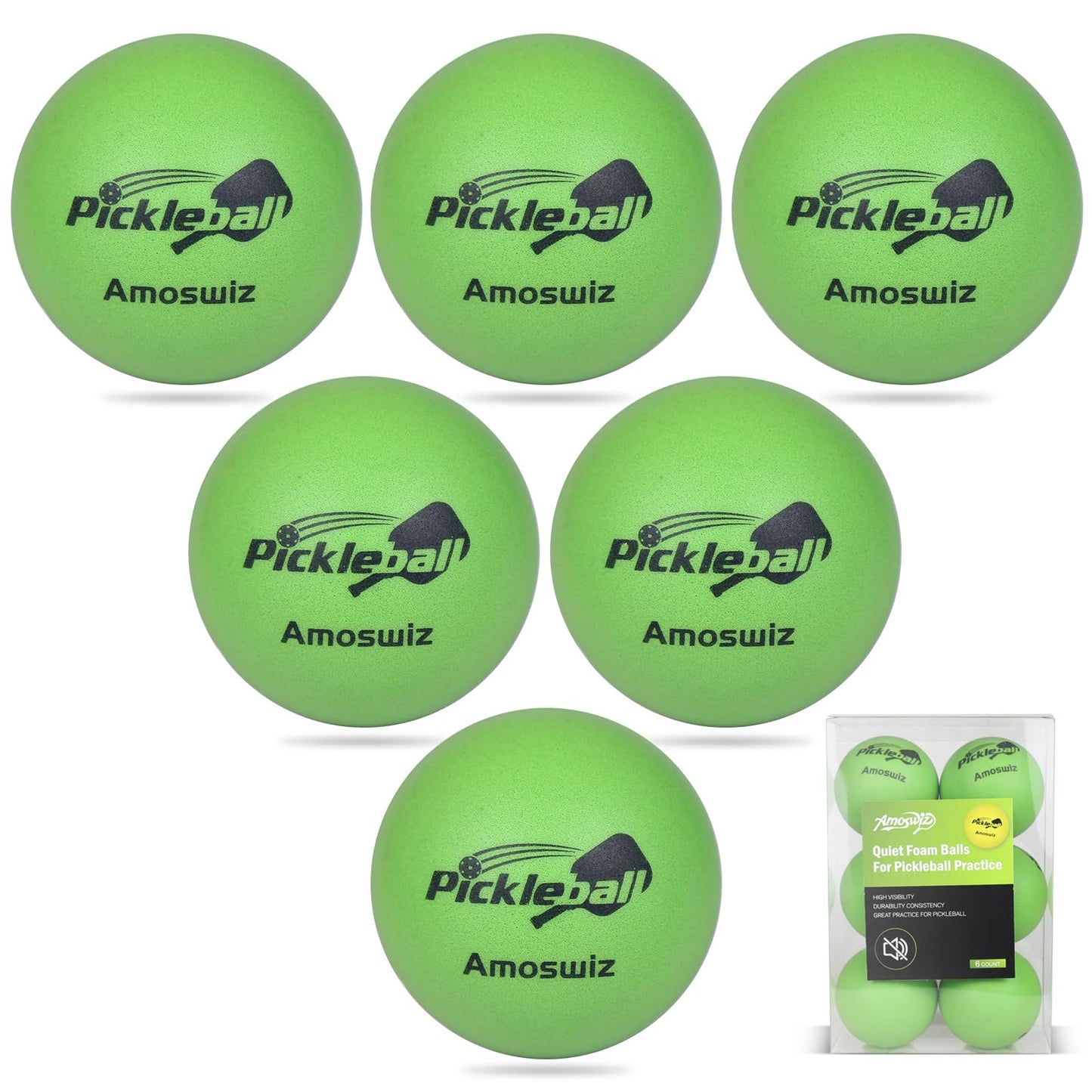 Amoswiz Silent Pickleball Balls, 6 Pack of Foam Pickle Balls for Practice, Noise Reducing Soft Pickle Ball, Quiet Pickleballs with Mesh Bag