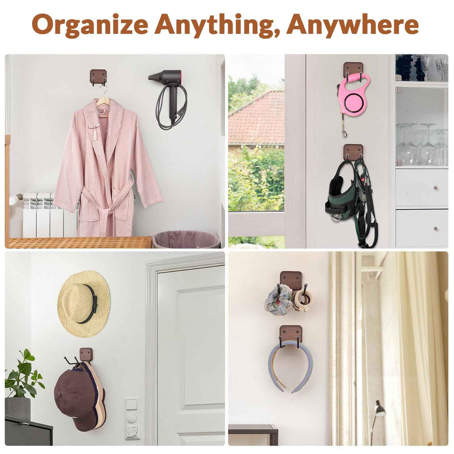 Qiannhee Solid Wood Wall Mount Hat Rack, 4-Tier Rotating Cowboy Hat Organizer with 2 Extended Hooks, Adjustable Width Metal Hanger for Baseball Caps, Coat, Jacket, Key, Decor Entryway, Bedroom(Brown)