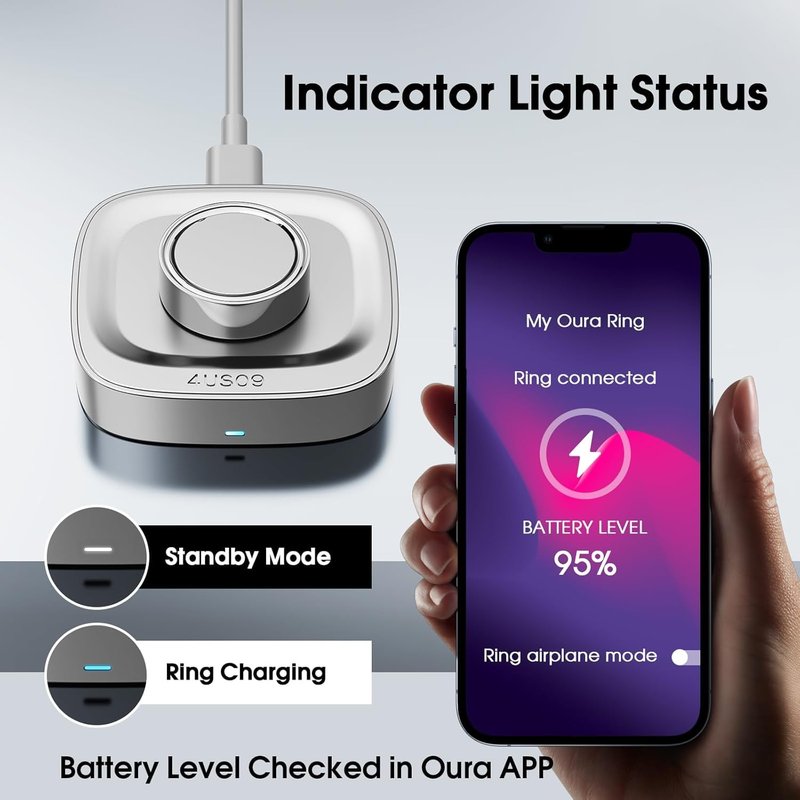 UNAQO for Oura Ring Gen 4 Charger | Size 9 | Fast Charging Dock | USB-C Cable | Sliver 9