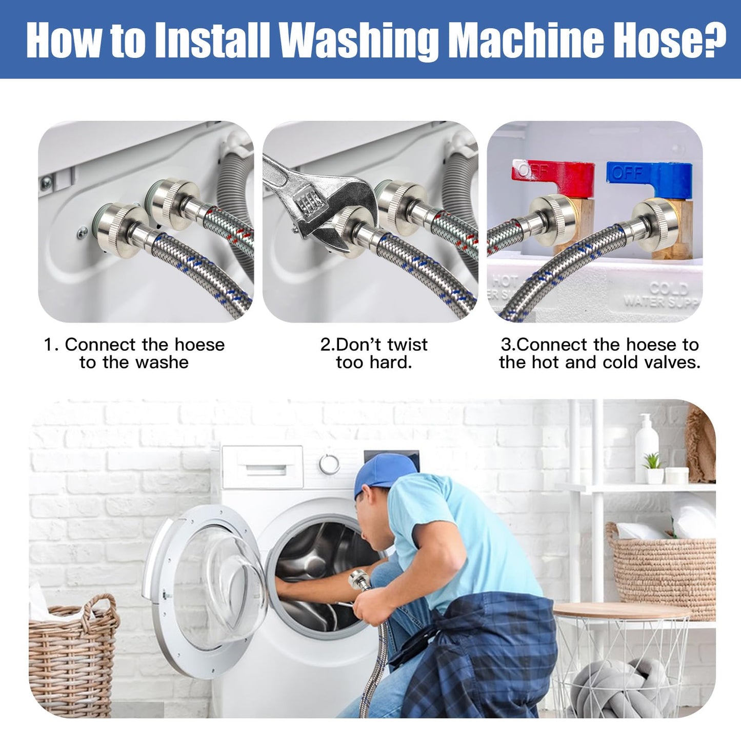 Jmlwlzx Washing Machine Hoses, Universal Premium Stainless Steel 4 Ft Washer Hoses with Burst-Proof Design, Hot and Cold Water Supply Hoses for All Washing Machines-2 Pack