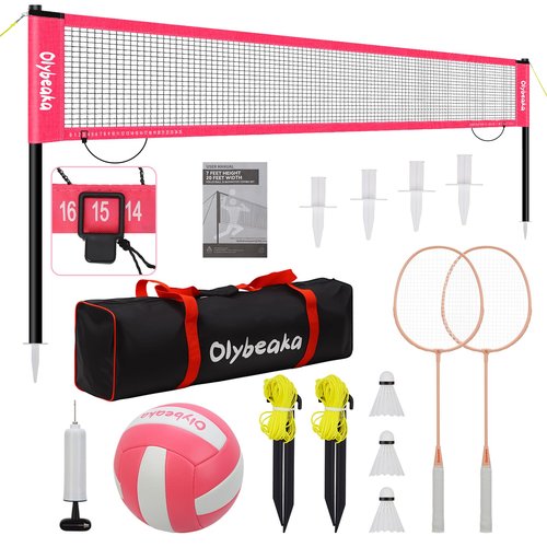 20ft Volleyball & Badminton Combo Net Set Outdoor for Backyard Beach with Adjustable Poles, Durable Anti-Sag Net, PU Volleyball, 2 Aluminum Rackets, Carry Bag for Easy Portable