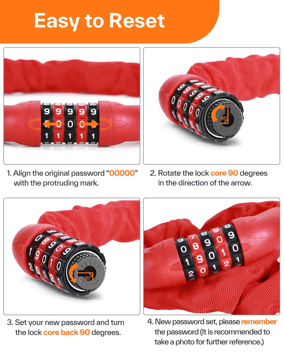 Sportneer Bike Lock: 5 Digit Combination High Security Anti Theft Bike Chain Lock - 3.2/3.6/4ft Heavy Duty Resettable Keyless Bicycle Lock for Bike, Motorcycle, Scooter, Door & Gate - 6mm Thick