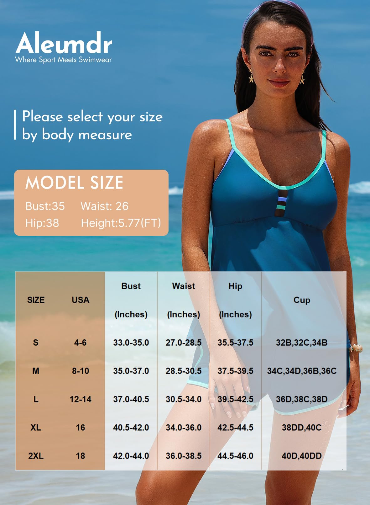 Aleumdr Women Blouson Color Block Tankini Swimsuits Tummy Control Two Piece Bathing Suits with Two Pockets Bottom Swimwear Sail Blue X-Large