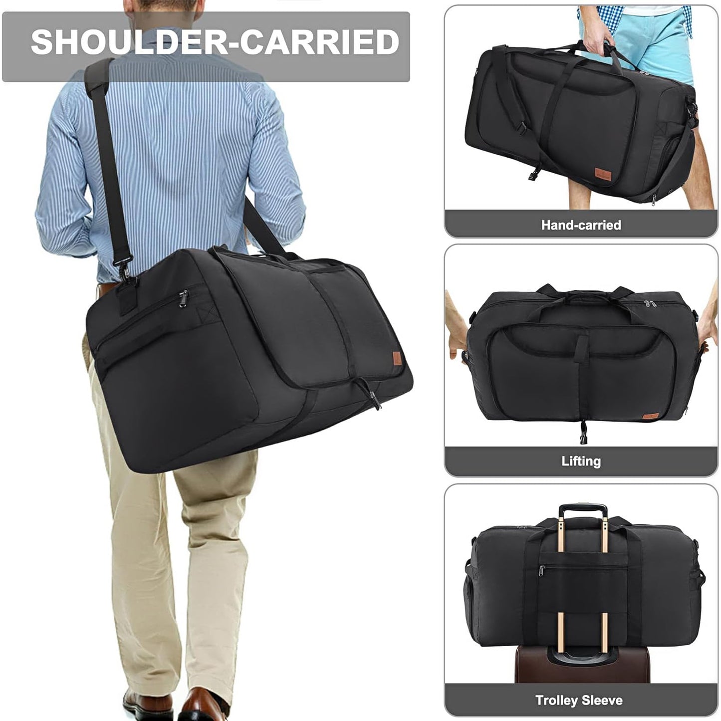 80L Duffle Bag for Travel, Large Foldable Waterproof Travel Duffel Bags Weekender Overnight Bag for Men and Women with Shoe Compartment (Black)