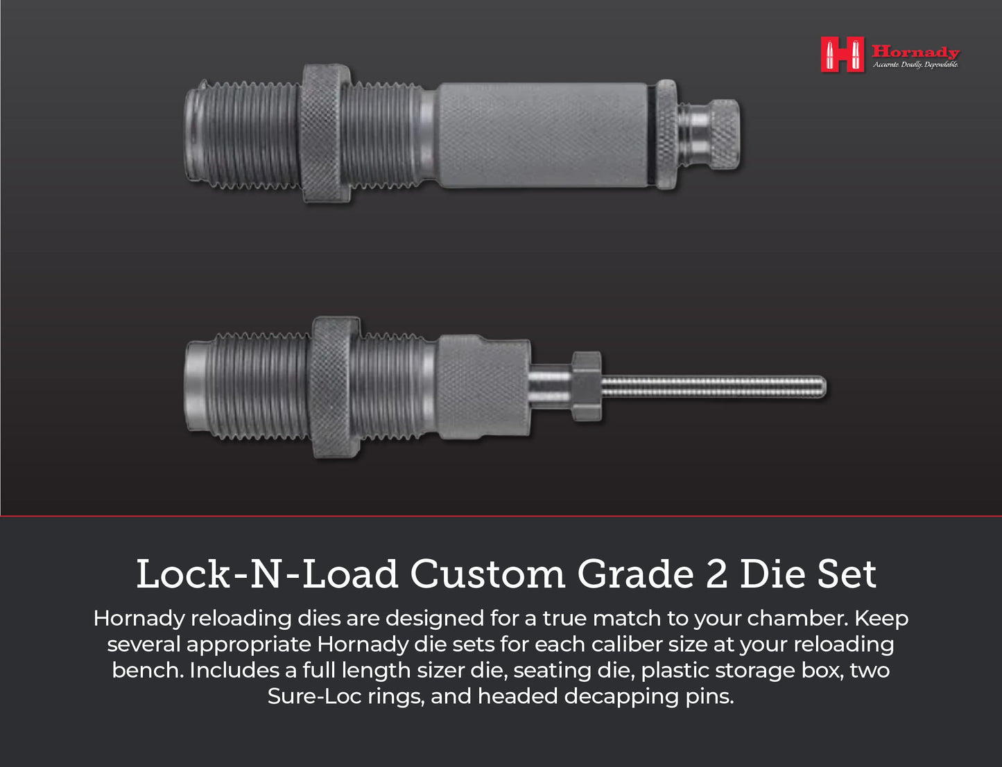 Hornady Custom Grade New Dimension 2-Die Set, 223 REM (.224) (546228) - Caliber Specific Reloading Equipment for Handloaders with Full Length Sizer Die, Seating Die, Sure-Loc Rings, & Storage Box