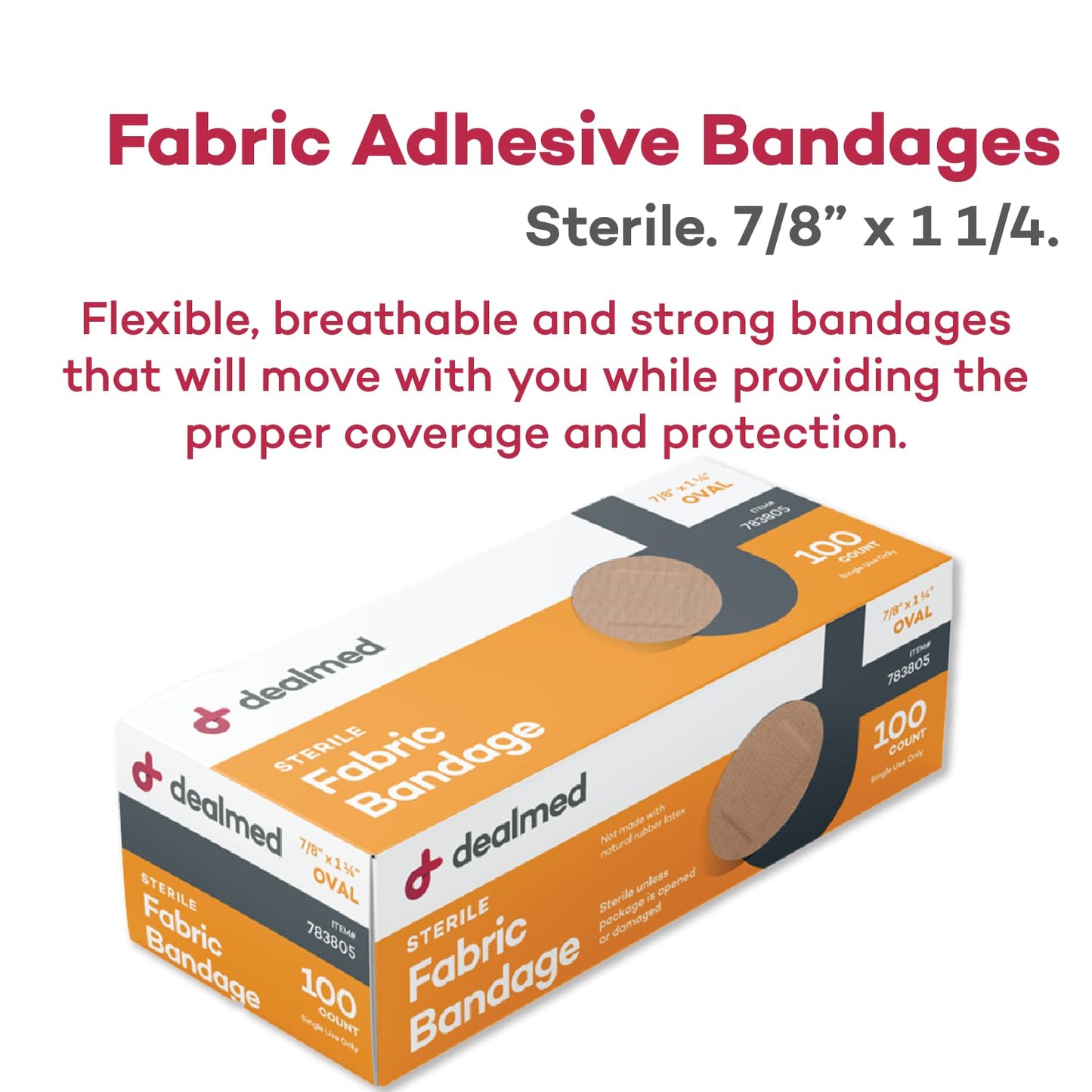 Dealmed Flexible Fabric Oval Spot Adhesive Bandages – 100 Count (1 Pack) Non-Stick Pad, Latex Free, Wound Care for First Aid Kit, 7/8" x 1 1/4"