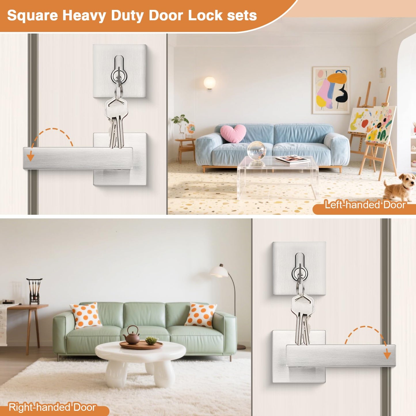 Probrico Brushed Nickel Passage Door Lever with Single Cylinder Deadbolts Combo Pack, Modern Square Lock Set Handleset,Exterior Handle and Set,Same Keys, 2 Pack