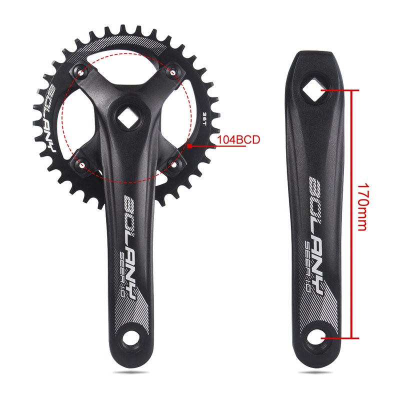BOLANY MTB 170mm Square Taper Crankset 104BCD Narrow Wide Tooth Chainring with 32T/34T/36T /38T/40T/42T Mountain Bike Single Round Chainring and Crankset (36T)