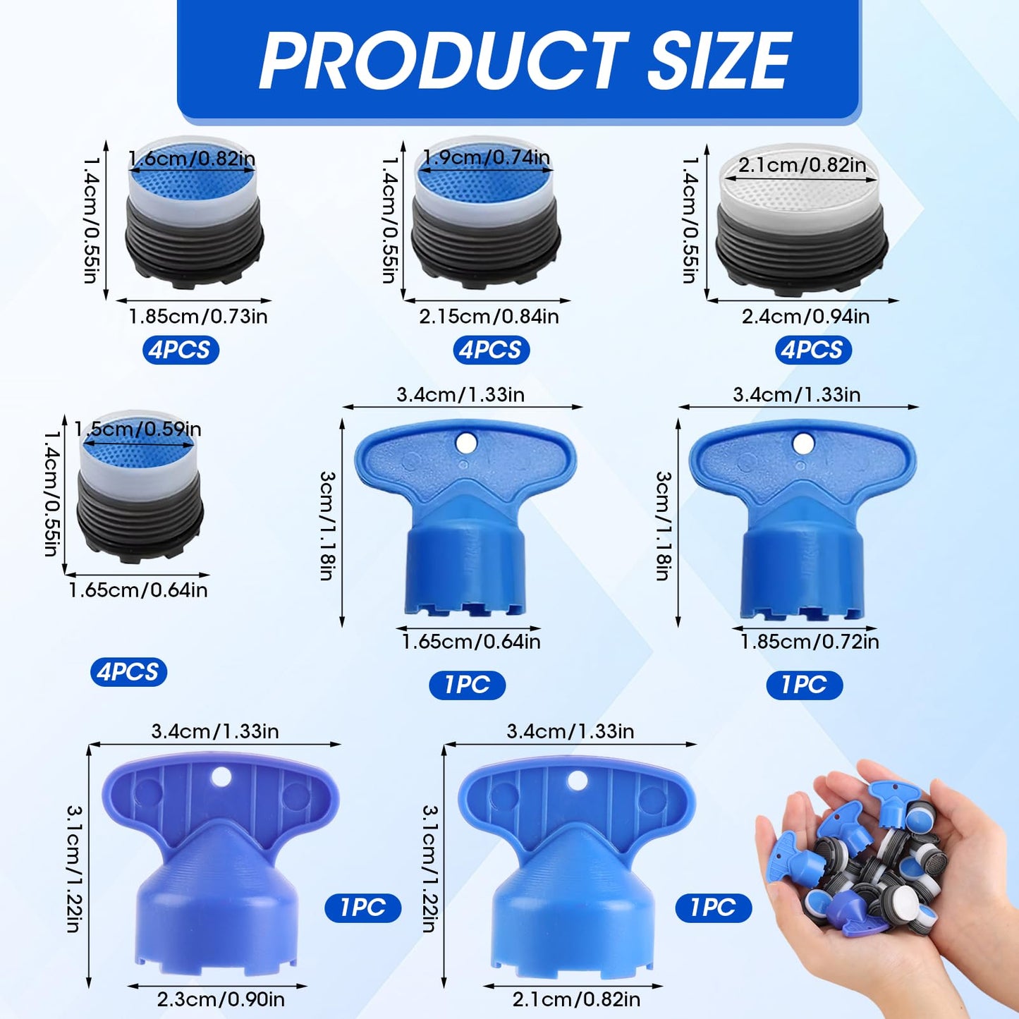 TNJPSEK Faucet Air Aerator Replacement Removal Tools for Moen, Water Cache Saving Flow Restrictor Compatibility System, Universal Aerator Set for Kitchen & Bathroom Sinks (16.5/18.5/21.5/24mm)