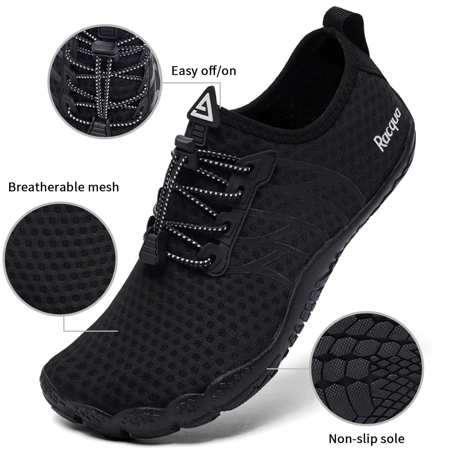 Racqua Water Shoes Lightweight Quick-Dry Swim Shoes Breathable Beach Shoes Barefoot Aqua Outdoor for Men Women Black 10 Women/9 Men